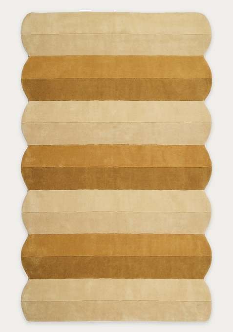100% Wool Handmade Golden Beige Rug | Contemporary Striped Scalloped Carpet With Cotton Backing For Living Room
