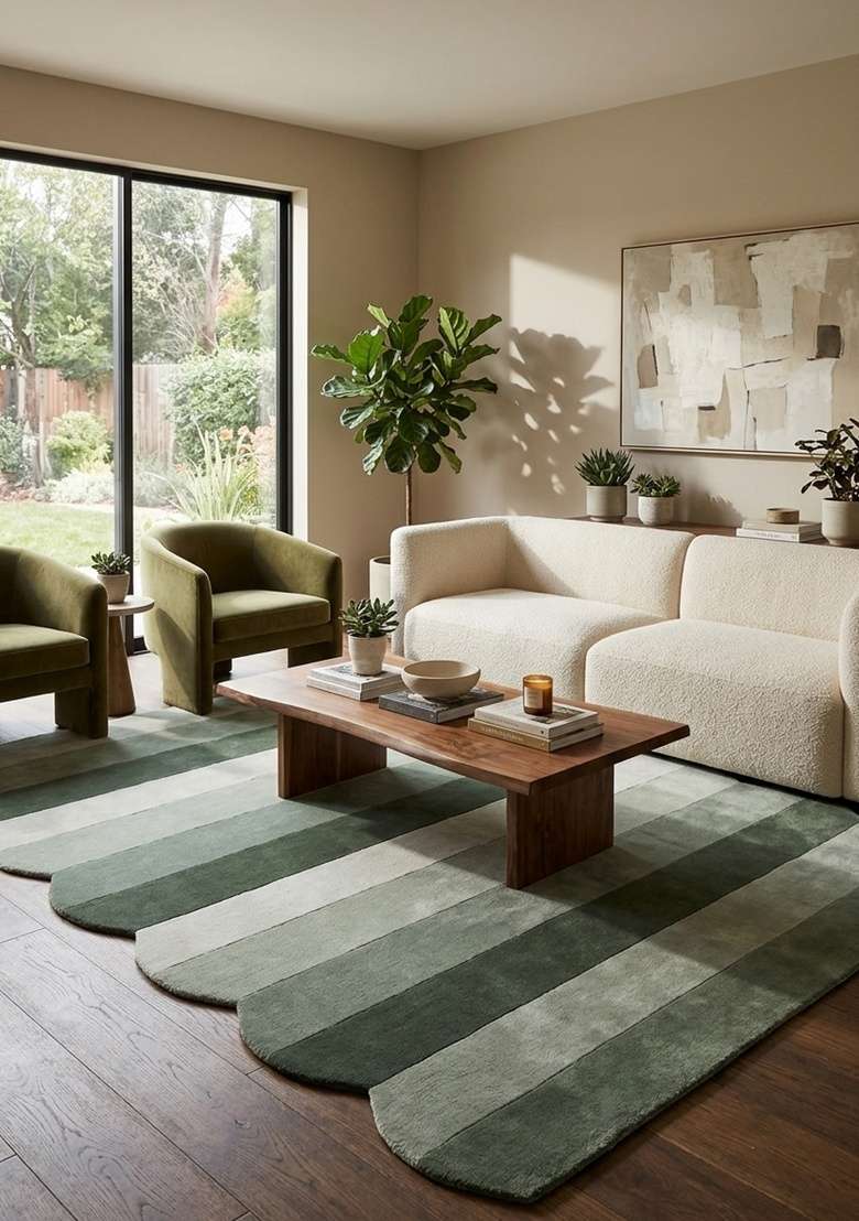 Saffron Rugs Hand-Tufted 100% Wool Area Rug | Sage Green Scalloped Rug | Cotton Backing | Contemporary Striped Home Decor Carpet for Living Room - Indya