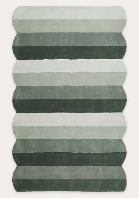 100% Wool Handmade Sage Green Rug | Contemporary Striped Scalloped Carpet With Cotton Backing For Living Room