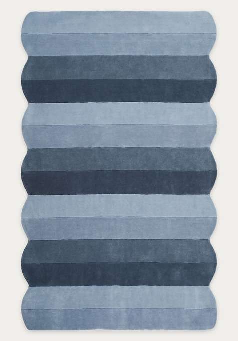 100% Wool Handmade Blue Grey Rug | Contemporary Striped Scalloped Carpet With Cotton Backing For Living Room