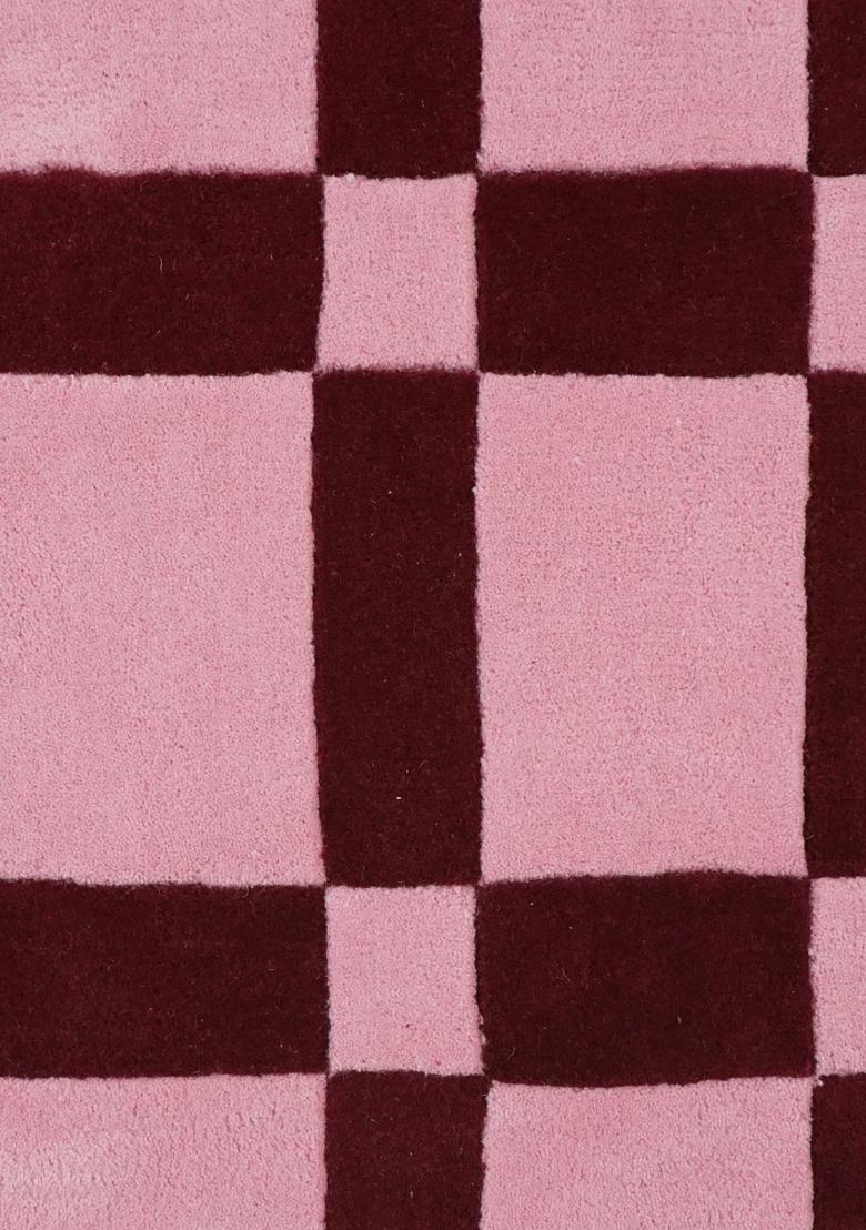 Saffron Rugs Hand Tufted Pink and Maroon Checkered Contemporary Rectangular Wool Area Rug - Indya