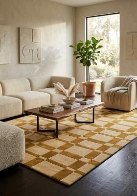 Saffron Rugs Hand Tufted Golden Brown Checkered Contemporary Rectangular Wool Area Rug