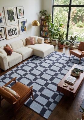 Saffron Rugs Hand Tufted Grey Blue Checker Checkered Contemporary Rectangular Wool Area Rug
