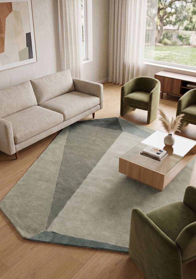 Saffron Rugs Hand-Tufted 100% Wool Area Rug | Sage Green Octagonal Rug | Cotton Backing | Contemporary Geometric Home Decor Carpet for Living Room - Indya