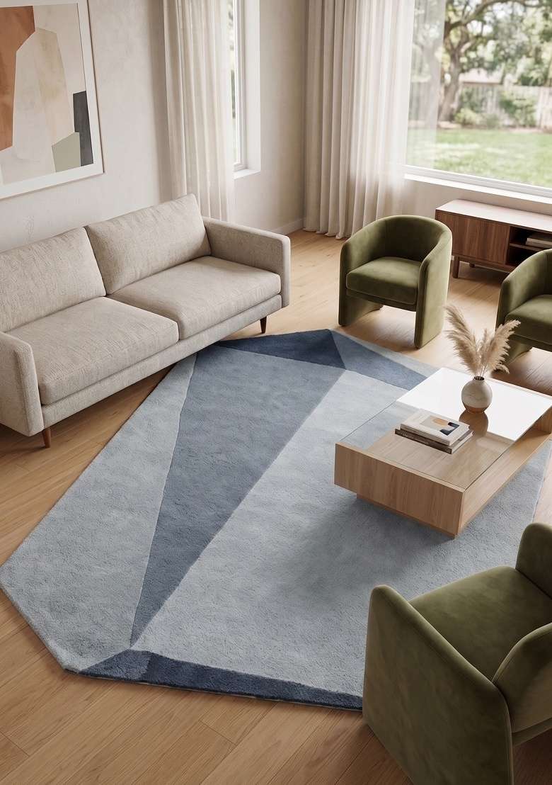 Saffron Rugs Hand-Tufted 100% Wool Area Rug | Steel Blue Octagonal Rug | Cotton Backing | Contemporary Geometric Home Decor Carpet for Living Room - Indya