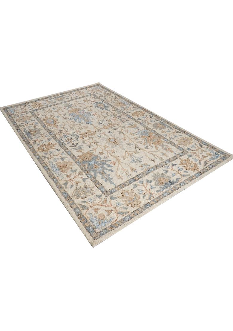 Saffron Rugs Hand Tufted Ivory Cream Floral Oriental Rectangular Wool Area Rug - Indya