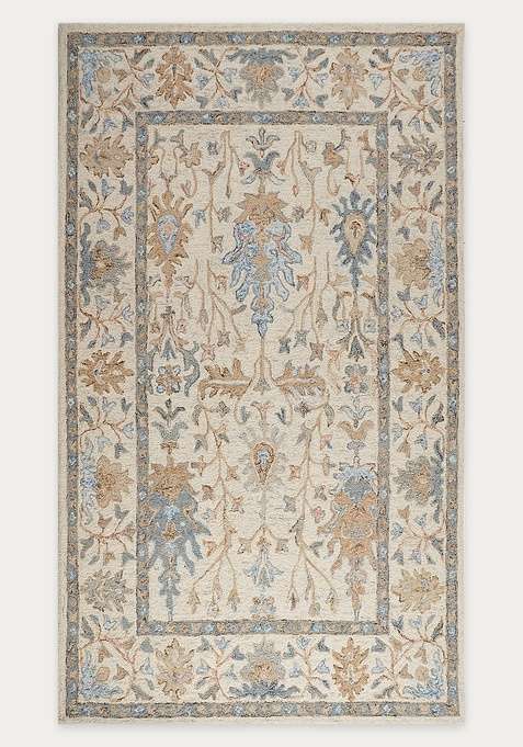 100% Wool Handmade Ivory Cream Rug | Oriental Floral Carpet With Cotton Backing For Living Room