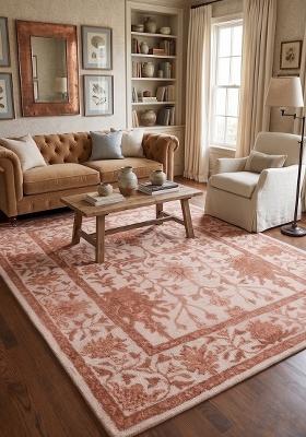 Saffron Rugs Hand Tufted Peach Terracotta Floral Oriental Rectangular Wool Area Rug