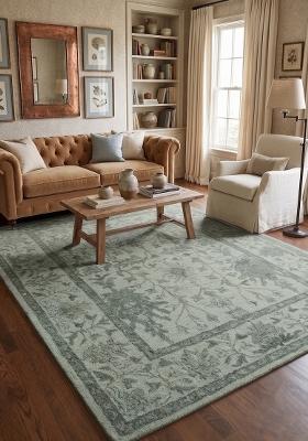 Saffron Rugs Hand Tufted Sage Green Floral Oriental Rectangular Wool Area Rug