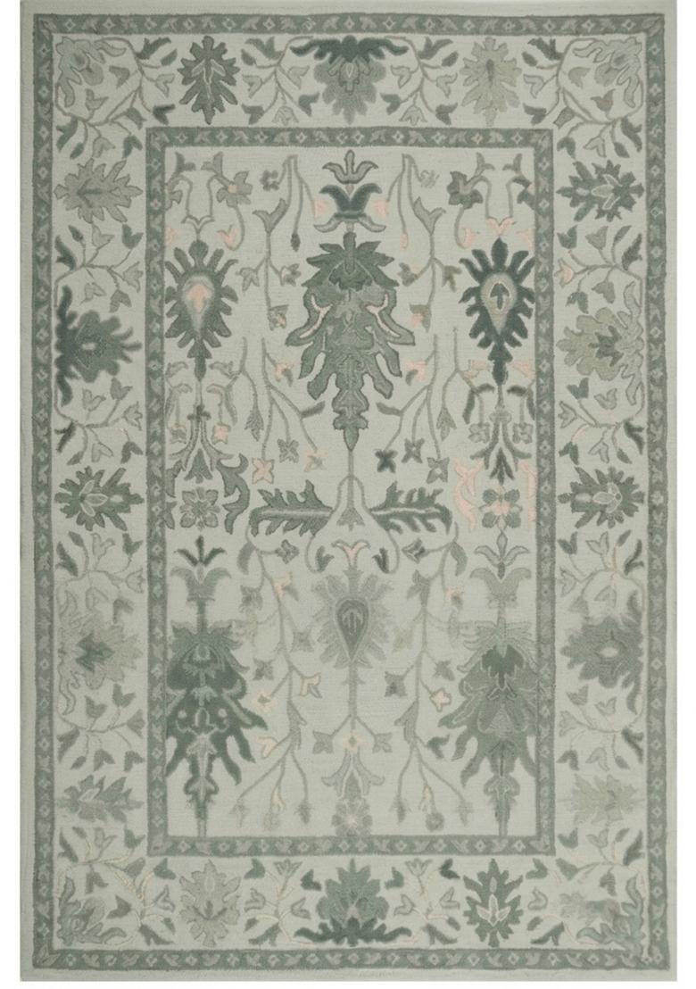Saffron Rugs Hand Tufted Sage Green Floral Oriental Rectangular Wool Area Rug - Indya