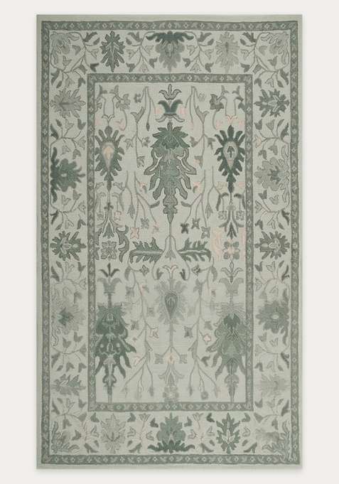 100% Wool Handmade Sage Green Rug | Oriental Floral Carpet With Cotton Backing For Living Room