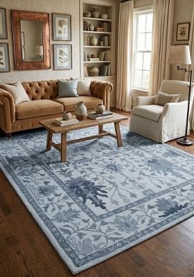 Saffron Rugs Hand Tufted Light Blue Floral Oriental Rectangular Wool Area Rug