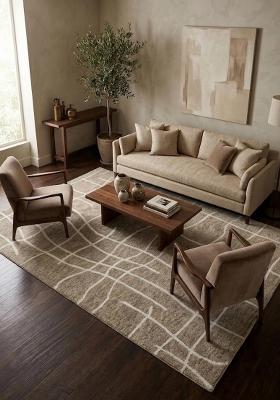 Saffron Rugs Hand Tufted Tan Beige Geometric Contemporary Rectangular Wool Area Rug