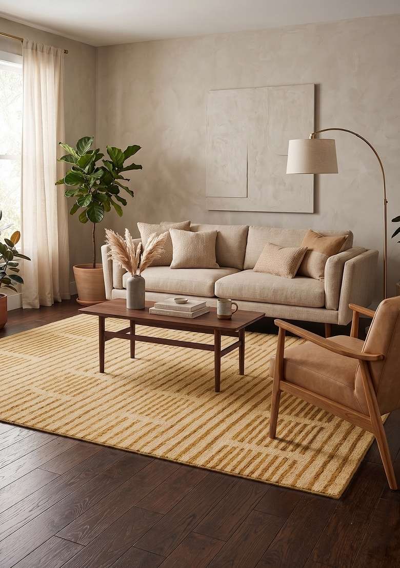 Saffron Rugs Hand-Tufted 100% Wool Area Rug | Golden Beige Rectangular Rug | Cotton Backing | Contemporary Geometric Home Decor Carpet for Living Room - Indya