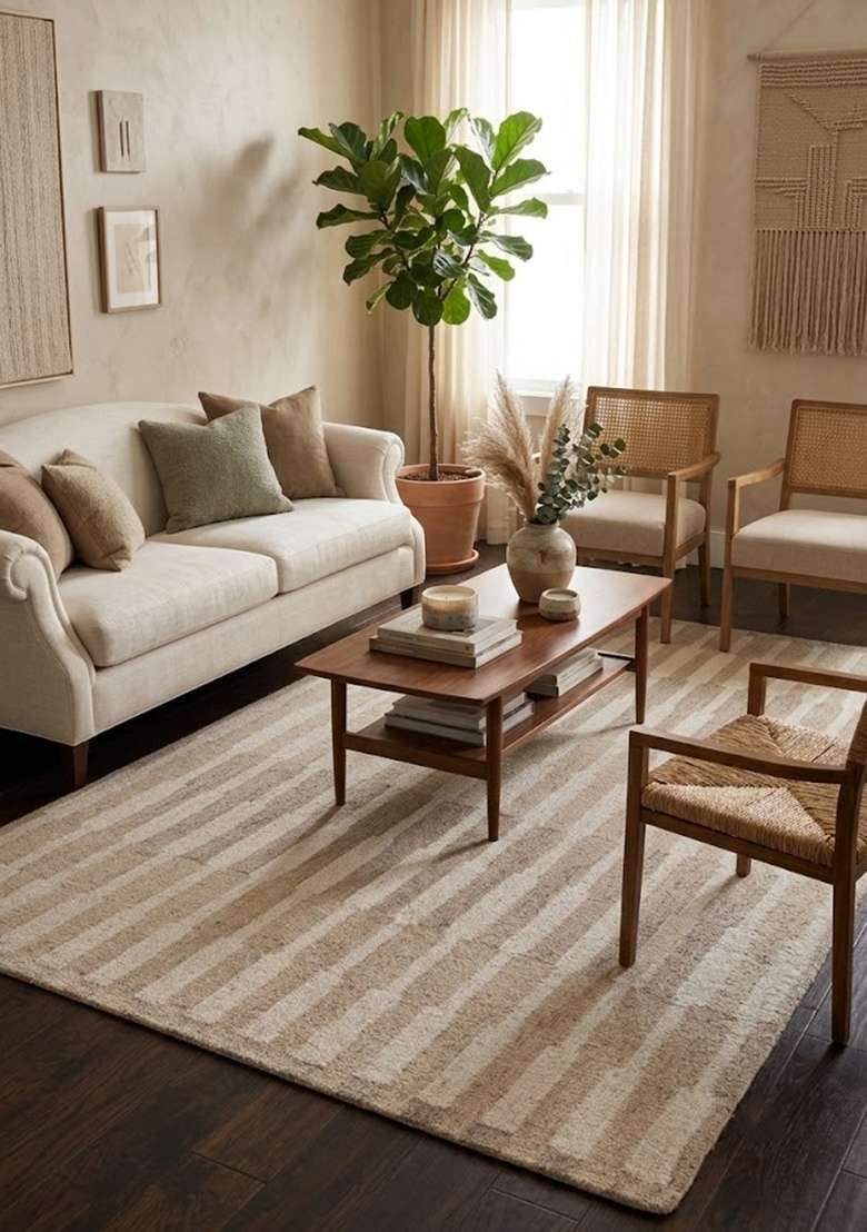 Saffron Rugs Hand-Tufted 100% Wool Area Rug | Beige Tan Rectangular Rug | Cotton Backing | Contemporary Striped Home Decor Carpet for Living Room - Indya