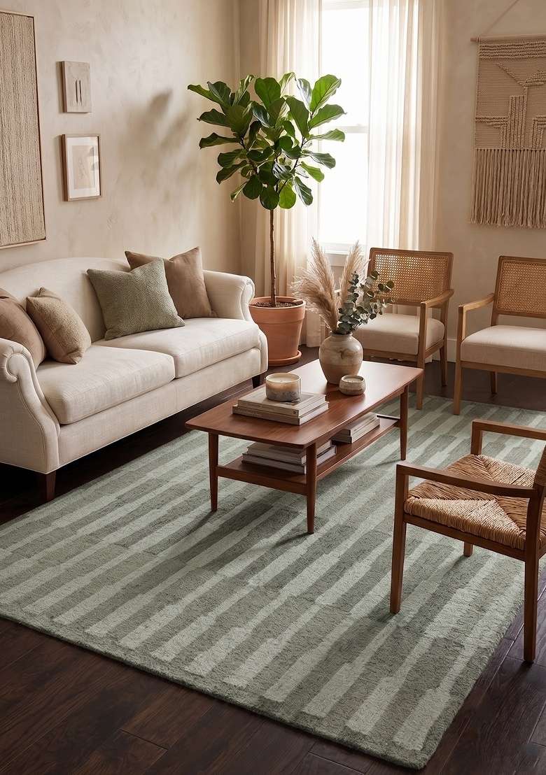 Saffron Rugs Hand-Tufted 100% Wool Area Rug | Sage Green Grey Rectangular Rug | Cotton Backing | Contemporary Striped Home Decor Carpet for Living Room - Indya