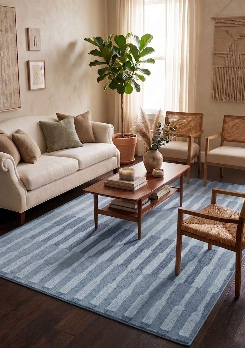 Saffron Rugs Hand-Tufted 100% Wool Area Rug | Steel Blue Grey Rectangular Rug | Cotton Backing | Contemporary Striped Home Decor Carpet for Living Room - Indya