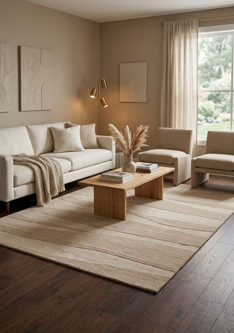 Saffron Rugs Hand-Tufted 100% Wool Area Rug | Beige Tan Rectangular Rug | Cotton Backing | Contemporary Swirls Home Decor Carpet for Living Room - Indya