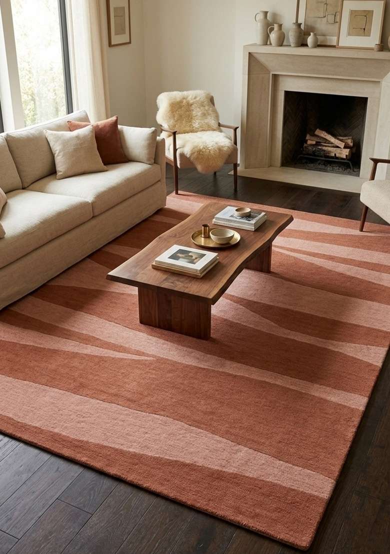 Saffron Rugs Hand-Tufted 100% Wool Area Rug | Terracotta Pink Rectangular Rug | Cotton Backing | Contemporary Swirls Home Decor Carpet for Living Room - Indya