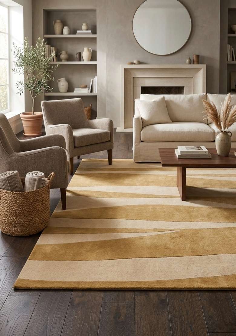 Saffron Rugs Hand-Tufted 100% Wool Area Rug | Golden Tan Rectangular Rug | Cotton Backing | Contemporary Swirls Home Decor Carpet for Living Room - Indya