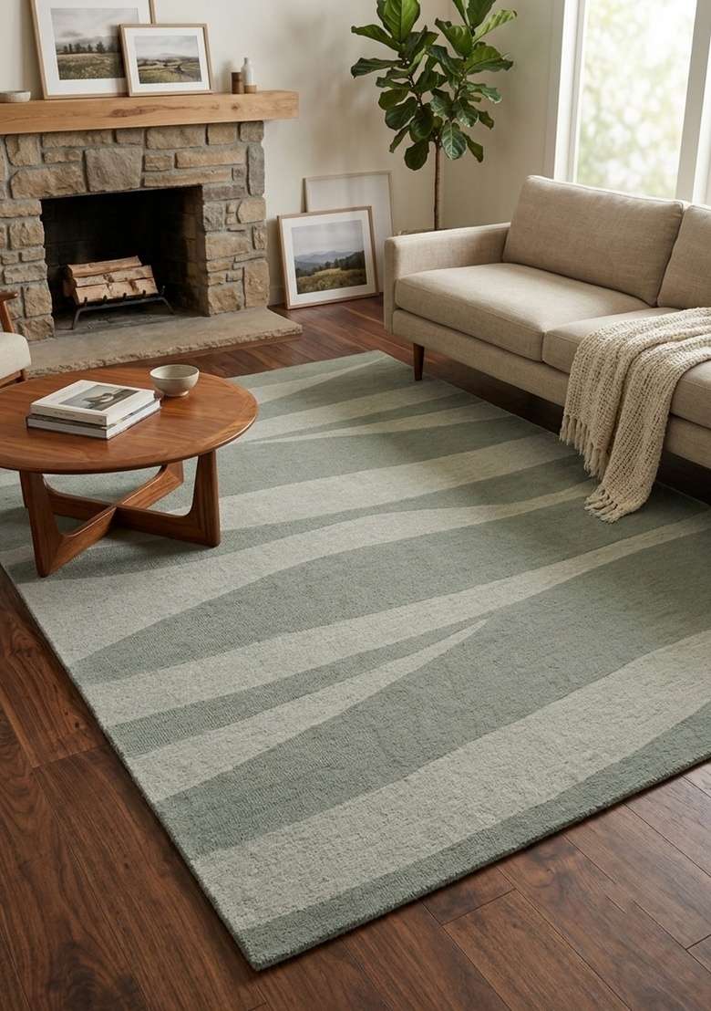 Saffron Rugs Hand-Tufted 100% Wool Area Rug | Sage Green Rectangular Rug | Cotton Backing | Contemporary Swirls Home Decor Carpet for Living Room - Indya