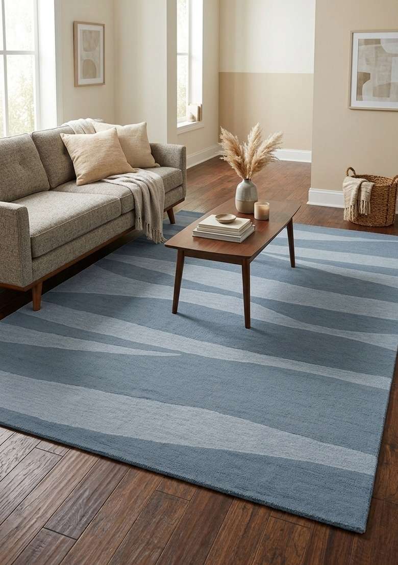 Saffron Rugs Hand-Tufted 100% Wool Area Rug | Steel Blue Grey Rectangular Rug | Cotton Backing | Contemporary Swirls Home Decor Carpet for Living Room - Indya