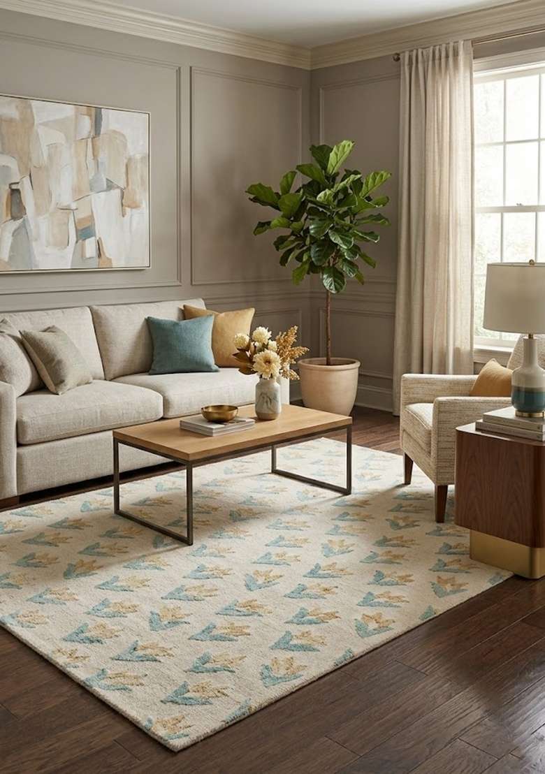Saffron Rugs Hand-Tufted 100% Wool Area Rug | Cream Rectangular Rug | Cotton Backing | Transitional Floral Home Decor Carpet for Living Room - Indya