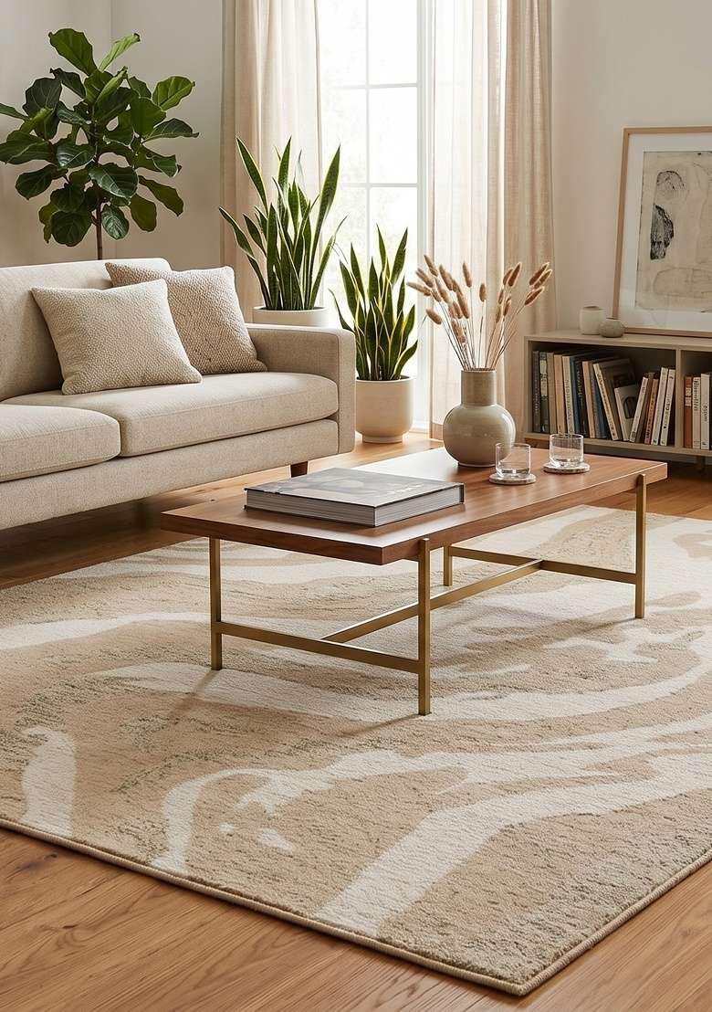 Saffron Rugs Hand-Tufted 100% Wool Area Rug | Beige Rectangular Rug | Cotton Backing | Contemporary Marble Home Decor Carpet for Living Room - Indya