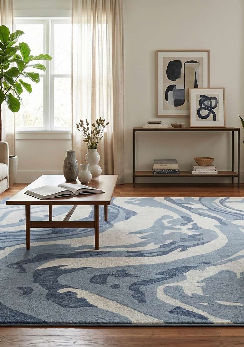 Saffron Rugs Hand-Tufted 100% Wool Area Rug | Steel Blue Rectangular Rug | Cotton Backing | Contemporary Marble Home Decor Carpet for Living Room - Indya