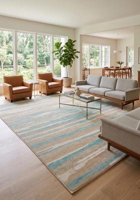 Saffron Rugs Hand Tufted Beige Teal Striped Coastal Rectangular Wool Area Rug