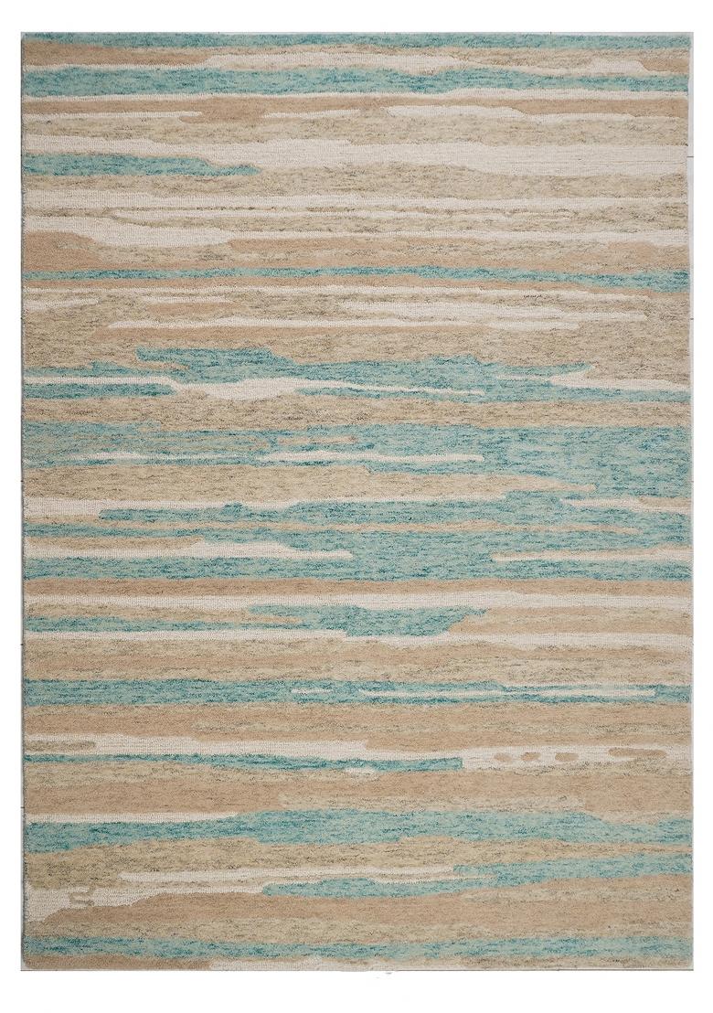 Saffron Rugs Hand Tufted Beige Teal Striped Coastal Rectangular Wool Area Rug - Indya