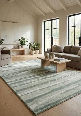 Saffron Rugs Hand Tufted Sage Green Striped Coastal Rectangular Wool Area Rug