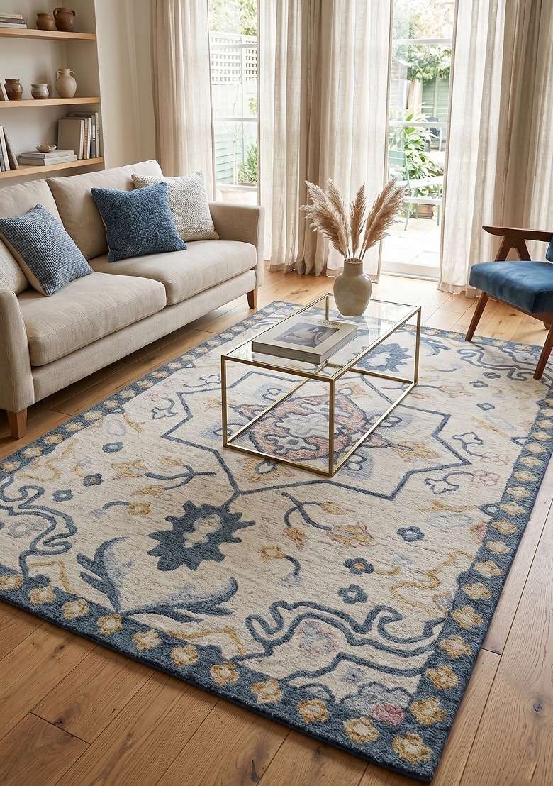 Saffron Rugs Hand-Tufted 100% Wool Area Rug | Cream Beige Rectangular Rug | Cotton Backing | Oriental Floral Home Decor Carpet for Living Room - Indya