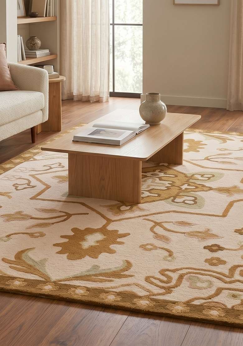 Saffron Rugs Hand-Tufted 100% Wool Area Rug | Ivory Gold Rectangular Rug | Cotton Backing | Oriental Floral Home Decor Carpet for Living Room - Indya