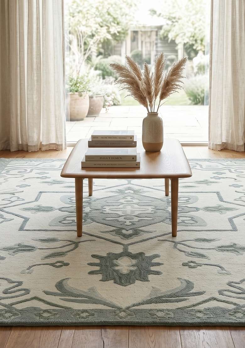 Saffron Rugs Hand-Tufted 100% Wool Area Rug | Sage Green Rectangular Rug | Cotton Backing | Oriental Floral Home Decor Carpet for Living Room - Indya