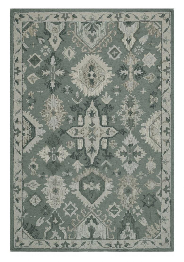 Saffron Rugs Hand Tufted Sage Green Geometric Oriental Rectangular Wool Area Rug - Indya