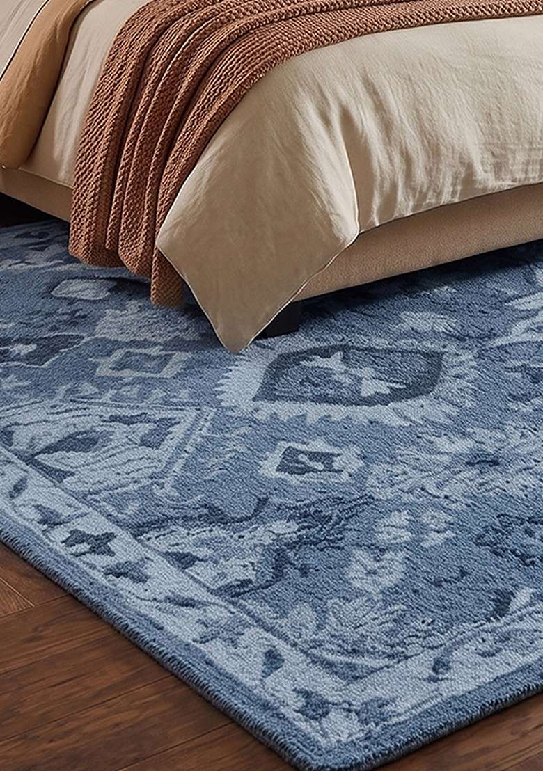 Saffron Rugs Hand-Tufted 100% Wool Area Rug | Steel Blue Rectangular Rug | Cotton Backing | Oriental Geometric Home Decor Carpet for Living Room Bedroom - Indya