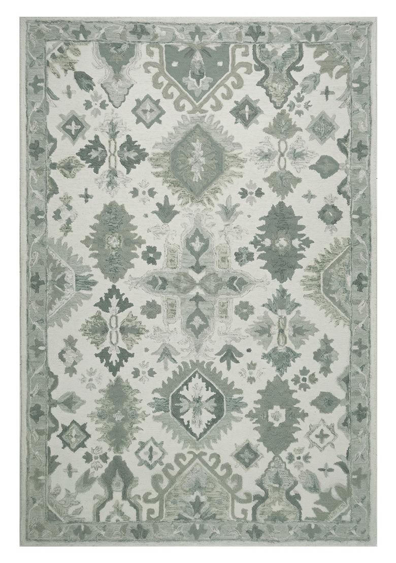 Saffron Rugs Hand Tufted Sage Green Geometric Oriental Rectangular Wool Area Rug - Indya