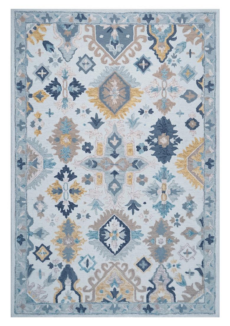 Saffron Rugs Hand Tufted Light Blue Geometric Oriental Rectangular Wool Area Rug - Indya