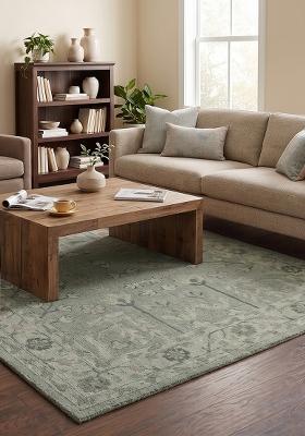 Saffron Rugs Hand Tufted Sage Green Floral Oriental Rectangular Wool Area Rug