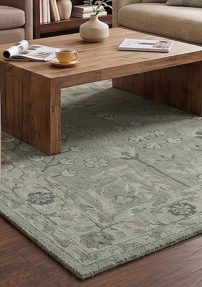 Saffron Rugs Hand-Tufted 100% Wool Area Rug | Sage Green Rectangular Rug | Cotton Backing | Oriental Floral Home Decor Carpet for Living Room Bedroom - Indya