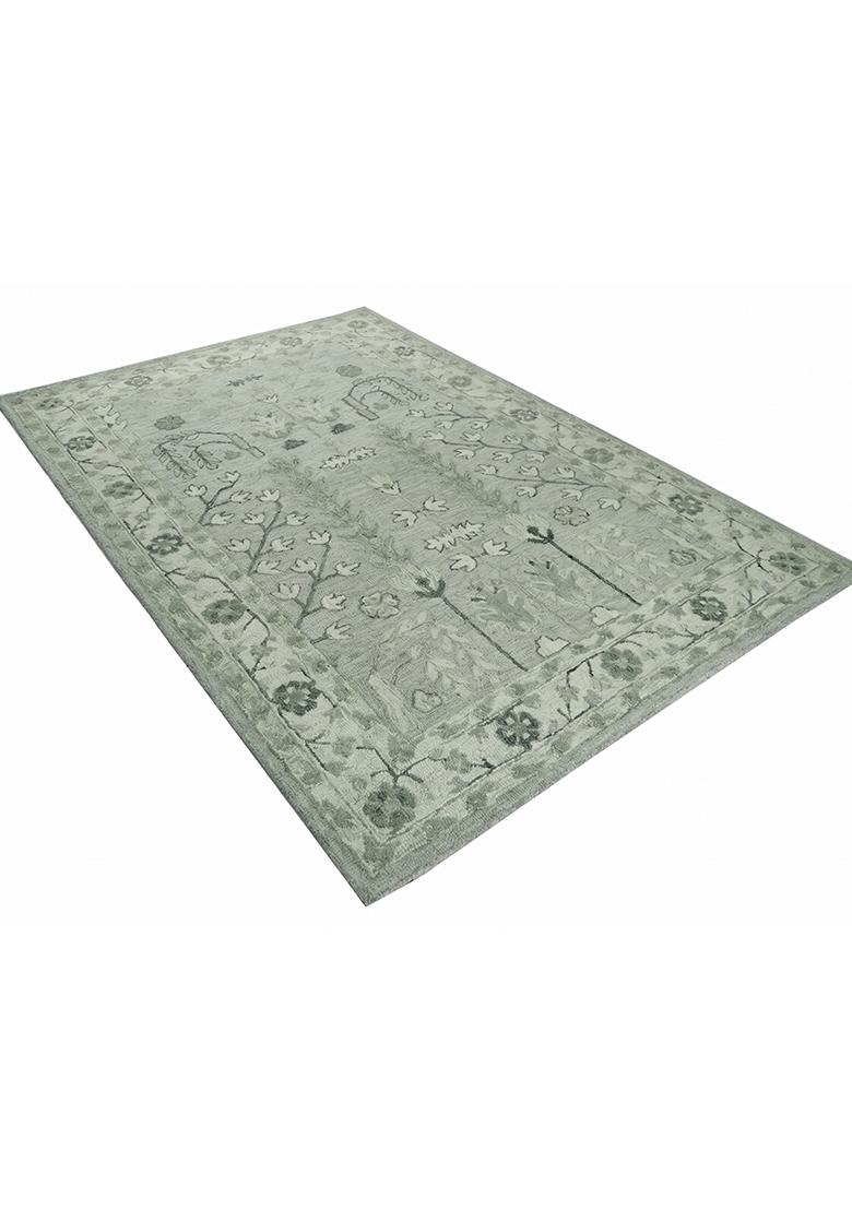 Saffron Rugs Hand Tufted Sage Green Floral Oriental Rectangular Wool Area Rug - Indya