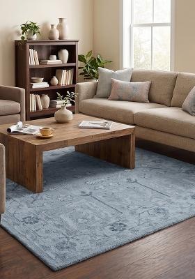 Saffron Rugs Hand Tufted Steel Blue Floral Oriental Rectangular Wool Area Rug