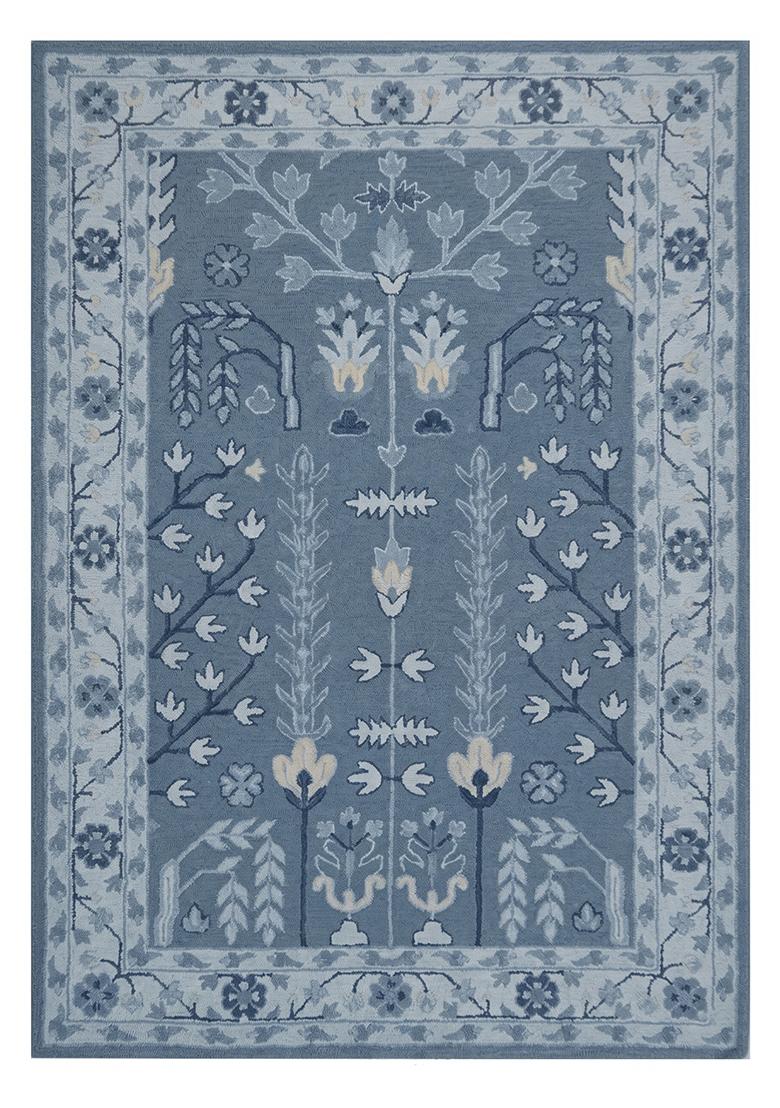 Saffron Rugs Hand Tufted Steel Blue Floral Oriental Rectangular Wool Area Rug - Indya