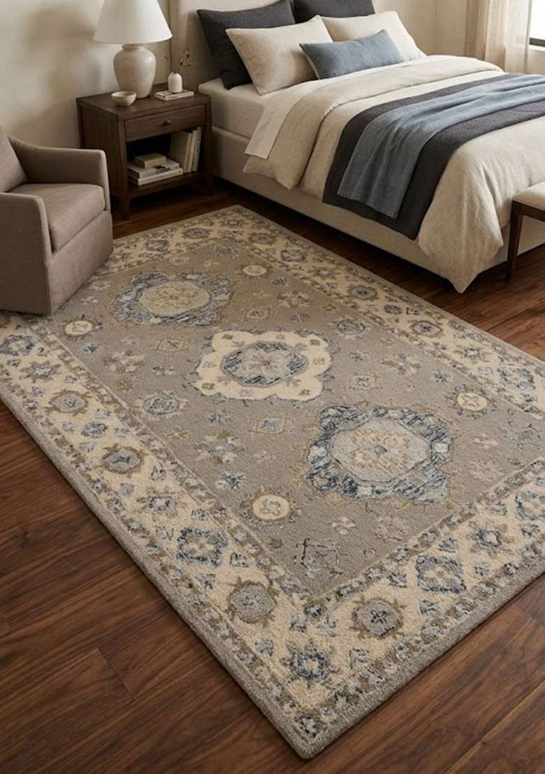 Saffron Rugs Hand-Tufted 100% Wool Area Rug | Grey Taupe Rectangular Rug | Cotton Backing | Transitional Geometric Home Decor Carpet for Bedroom - Indya