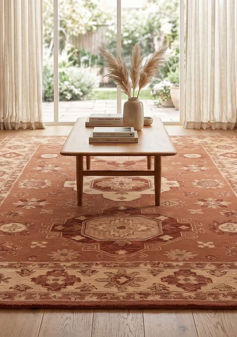 Saffron Rugs Hand-Tufted 100% Wool Area Rug | Terracotta Brown Rectangular Rug | Cotton Backing | Transitional Geometric Home Decor Carpet for Bedroom - Indya