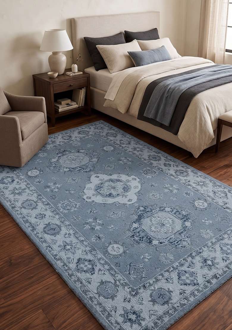 Saffron Rugs Hand-Tufted 100% Wool Area Rug | Steel Blue Rectangular Rug | Cotton Backing | Transitional Geometric Home Decor Carpet for Bedroom - Indya