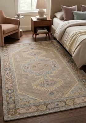 Saffron Rugs Hand Tufted Warm Taupe Beige Geometric Oriental Rectangular Wool Area Rug