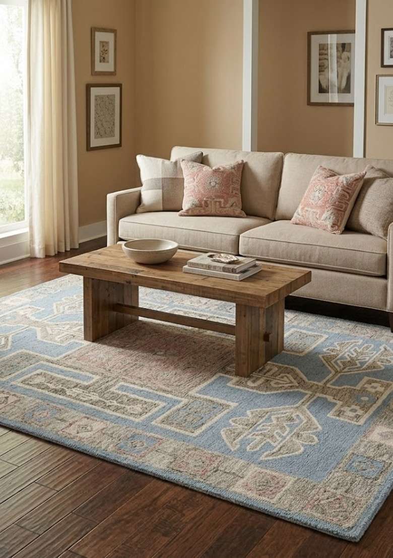 Saffron Rugs Hand-Tufted 100% Wool Area Rug | Light Blue Rectangular Rug | Cotton Backing | Oriental Geometric Home Decor Carpet for Living Room - Indya