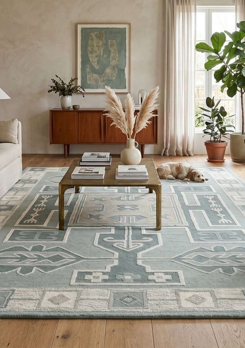 Saffron Rugs Hand-Tufted 100% Wool Area Rug | Sage Green Grey Rectangular Rug | Cotton Backing | Oriental Geometric Home Decor Carpet for Living Room - Indya